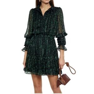 Walter Baker Tezza Chiffon Mini Dress Women's 4 Floral Ruffle Forest Green Tulip